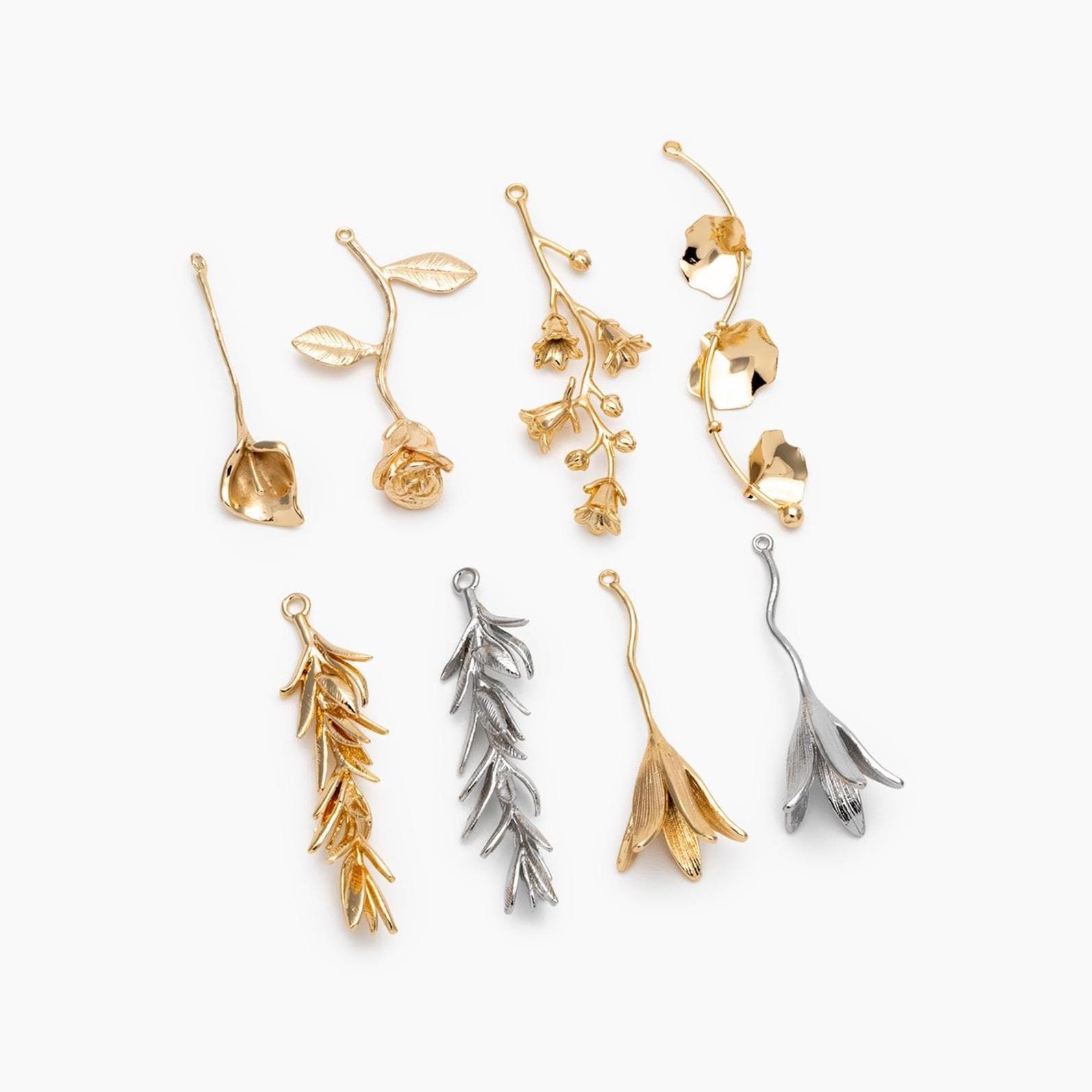 4pcs Gold/ Silver Tone Branch Leaf Charm Pendants , Gold/ Rhodium plated Brass, Lead Nickel Free (GB-954)